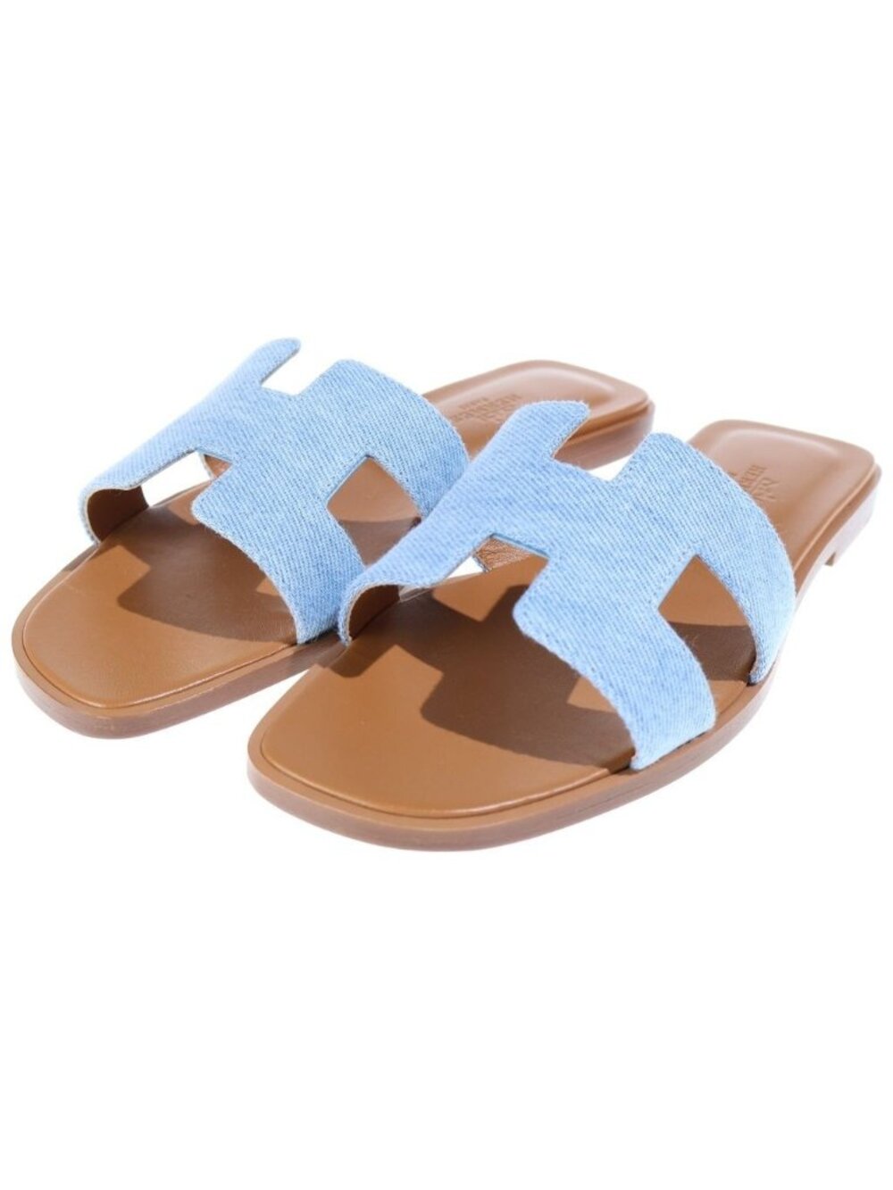 Hermes Oran Sandals Gold Blue Denim Swift
